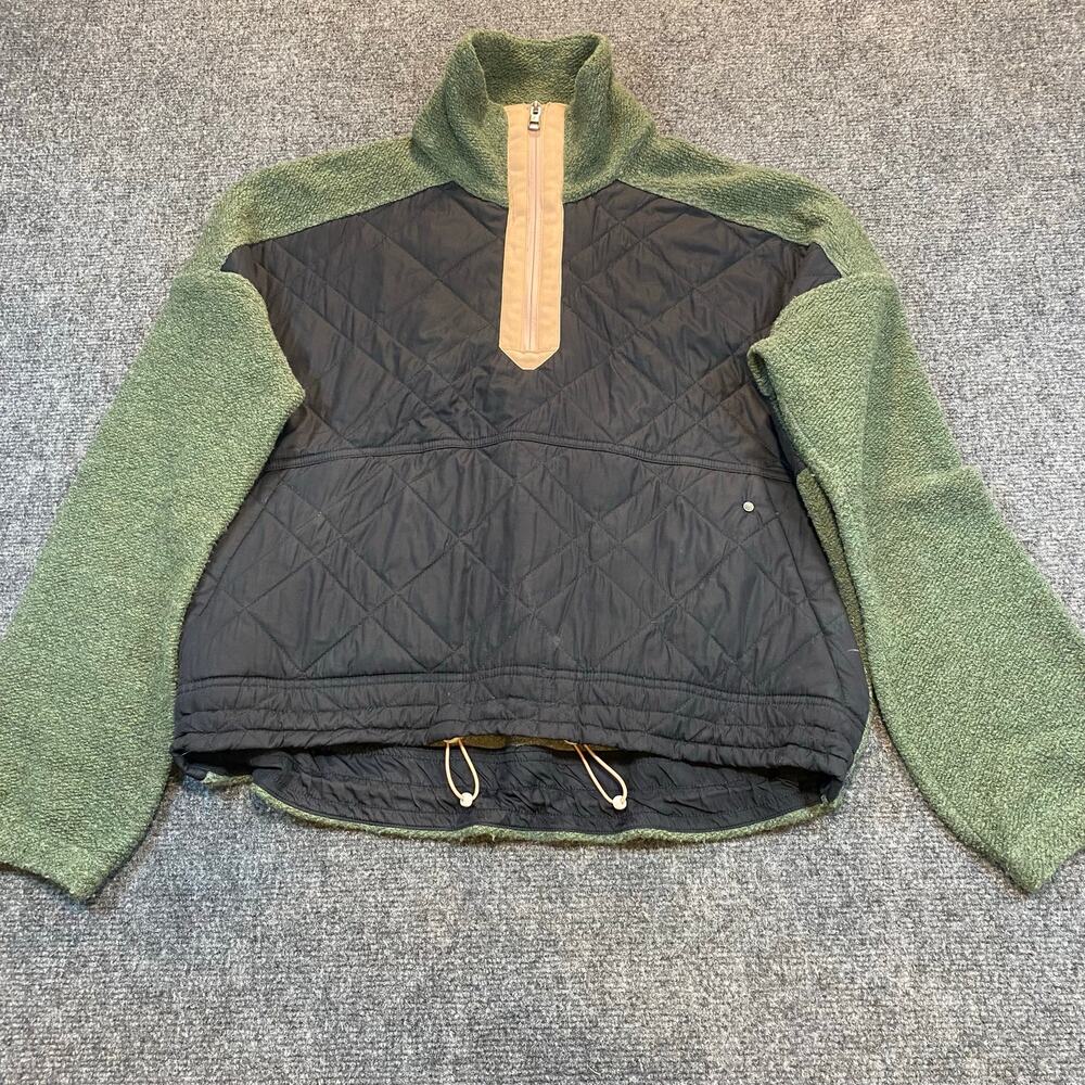 prAna Womens Small Quilted Wool Blend 1/4 Zip Pullover Jacket Olive Green Black